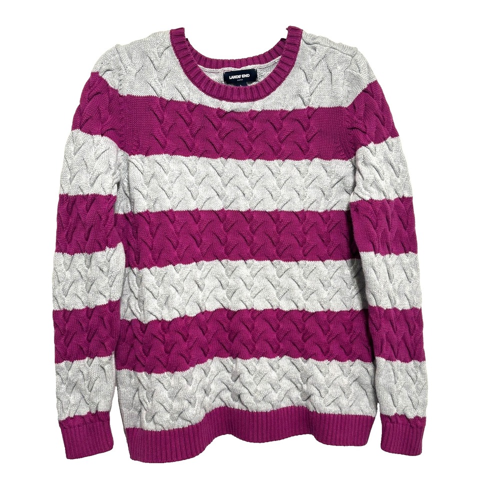 Lands' End Drifter Cable Knit Sweater Women's Sz Large Pink Gray Color Block